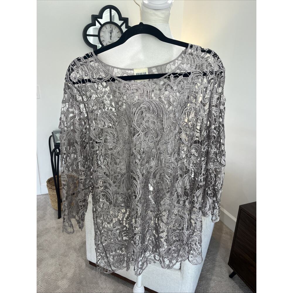 Bedford Fair Women Crochet Shirt Lace Sz 1 Champagne Grey Sheer Overlay Romantic